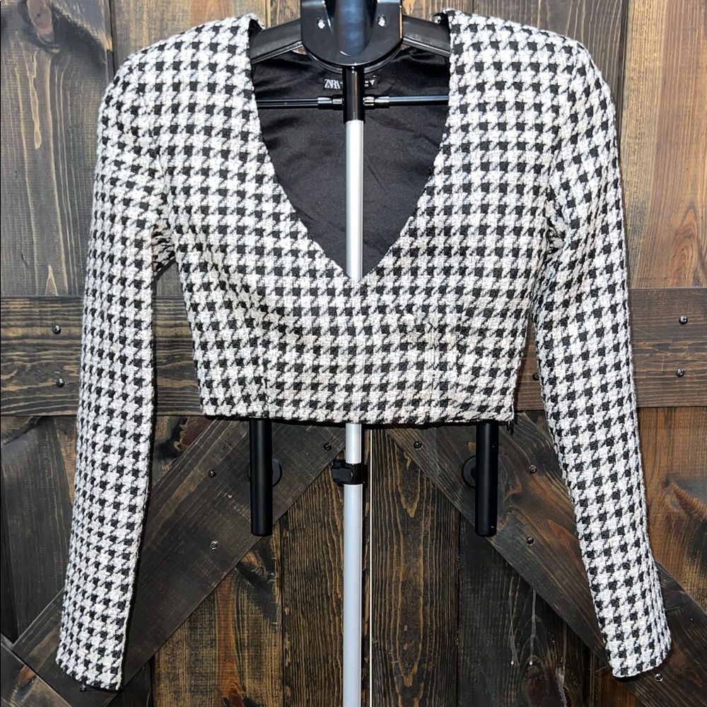 Zara Houndstooth Structured Crop‎ Top XS Black White Textured Shoulder Pads Boho